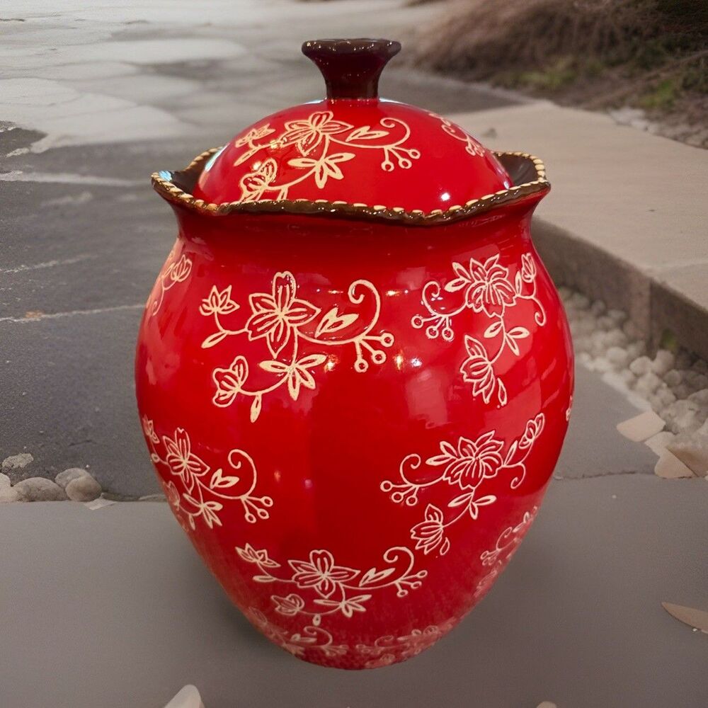 Temptations by Tara Red Floral Lace Cookie Jar 9” Tall Colorful  Brown. **read